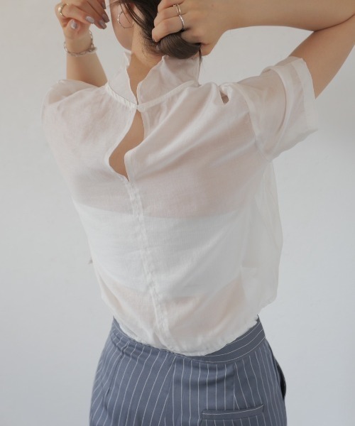 ブラウス シャツ シアーハイネックブラウス／sheer highneck blouse 半袖 スタンドネック シースルー シマー きれいめ シンプル シアーハイネックブラウス／sheer highneck blouse 半袖