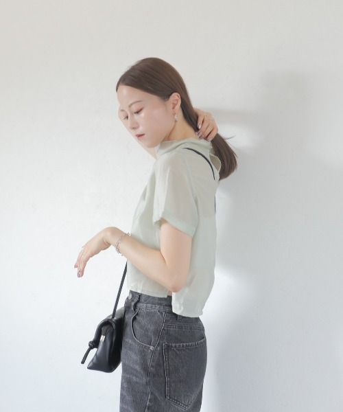 ブラウス シャツ シアーハイネックブラウス／sheer highneck blouse 半袖 スタンドネック シースルー シマー きれいめ シンプル シアーハイネックブラウス／sheer highneck blouse 半袖