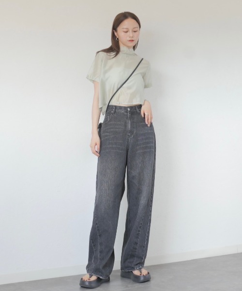 ブラウス シャツ シアーハイネックブラウス／sheer highneck blouse 半袖 スタンドネック シースルー シマー きれいめ シンプル シアーハイネックブラウス／sheer highneck blouse 半袖