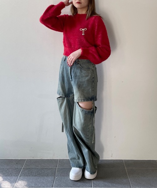 one way（ワンウェイ）の「リボンブローチ付きフェザープルニット（ニット/セーター・レディース・レッド/ホワイト/グレー/ピンク・FREE）」の7枚目の写真