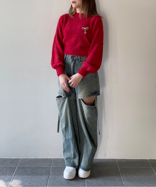 one way（ワンウェイ）の「リボンブローチ付きフェザープルニット（ニット/セーター・レディース・レッド/ホワイト/グレー/ピンク・FREE）」の9枚目の写真