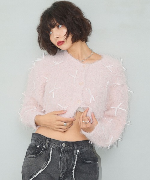 ELLEgirl（エルガール）の「リボンフェザーニットカーディガン【ELLEgirl/エルガール】（ニット/セーター・レディース・ピンク/イエロー×グリーン・FREE）」の5枚目の写真