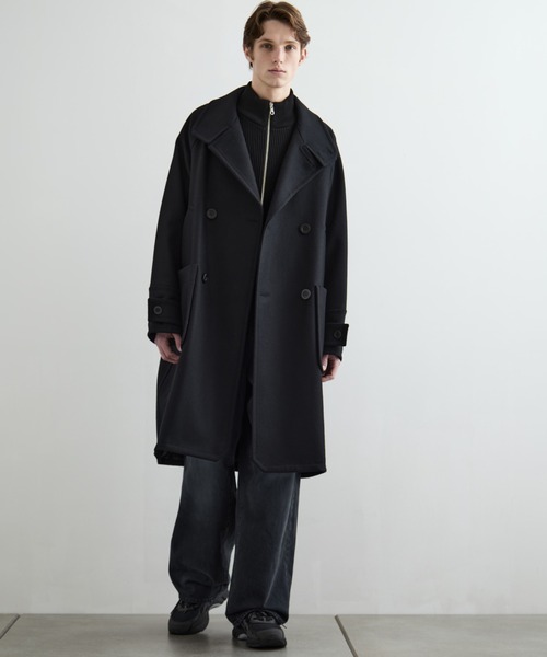 PUBLIC TOKYO Super140sメルトンチェスターコート ブラック セール】〈3WAY〉Super140s メルトンラップオーバーサイズスタンド