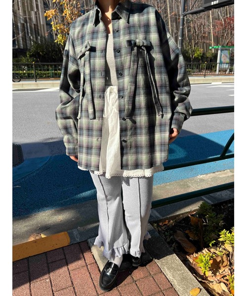 WC（ダブル シー）の「リボンチェックビッグシャツ（シャツ/ブラウス・レディース・ブラウン/グリーン/ピンク・FREE）」の12枚目の写真