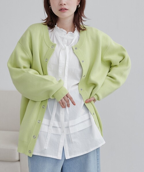 coen（コーエン）の「【春色頼れるあったかニット/6色展開/推しカラー】スウェットライクニットカーディガン（カーディガン/ボレロ・レディース・ライトブルー/ライラック/ピンク/ライム/ダークグレー・FREE）」の3枚目の写真