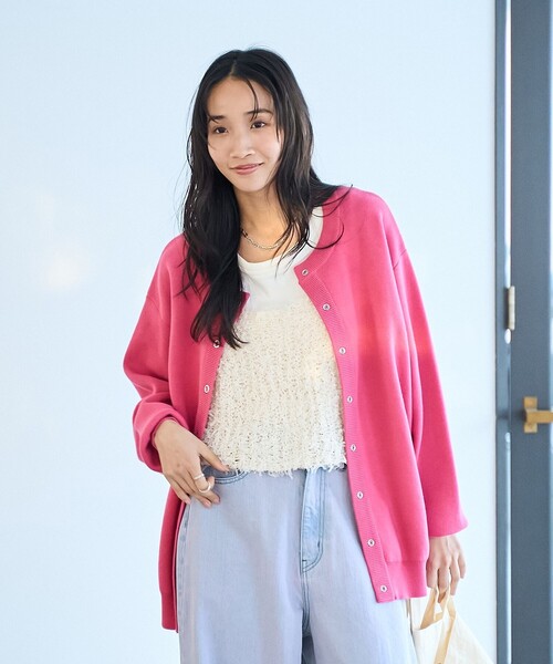 coen（コーエン）の「【春色頼れるあったかニット/6色展開/推しカラー】スウェットライクニットカーディガン（カーディガン/ボレロ・レディース・ライトブルー/ライラック/ピンク/ライム/ダークグレー・FREE）」の10枚目の写真