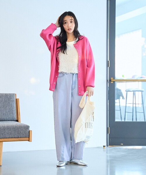 coen（コーエン）の「【春色頼れるあったかニット/6色展開/推しカラー】スウェットライクニットカーディガン（カーディガン/ボレロ・レディース・ライトブルー/ライラック/ピンク/ライム/ダークグレー・FREE）」の13枚目の写真