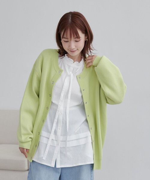 coen（コーエン）の「【春色頼れるあったかニット/6色展開/推しカラー】スウェットライクニットカーディガン（カーディガン/ボレロ・レディース・ライトブルー/ライラック/ピンク/ライム/ダークグレー・FREE）」の16枚目の写真