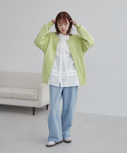 coen（コーエン）の「【春色頼れるあったかニット/6色展開/推しカラー】スウェットライクニットカーディガン（カーディガン/ボレロ・レディース・ライトブルー/ライラック/ピンク/ライム/ダークグレー・FREE）」の20枚目の写真