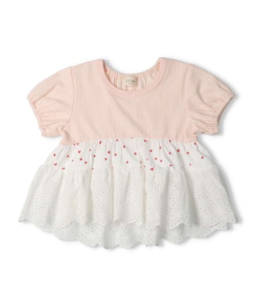 kids zoo(キッズズー)の「ハート柄レース切替半袖Tシャツ(Tシャツ/カットソー・キッズ・オフホワイト/ピンク・80/90)」の1枚目の写真