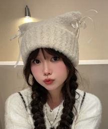 Nia（ニア）の「Nia(ニア)/レースアップリボン　猫耳ビーニー　スクエアニット帽（ニットキャップ/ビーニー）」