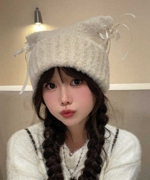 セール】Nia(ニア)/レースアップリボン 猫耳ビーニー スクエアニット帽