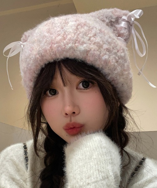 Nia(ニア)/レースアップリボン 猫耳ビーニー スクエアニット帽