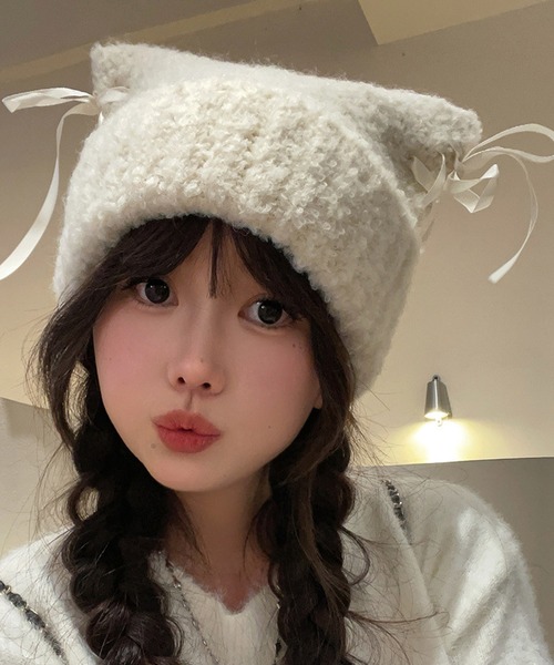 セール】Nia(ニア)/レースアップリボン 猫耳ビーニー スクエアニット帽