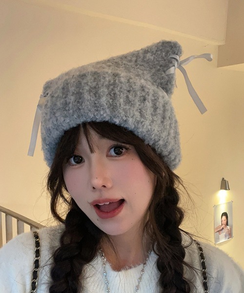 セール】Nia(ニア)/レースアップリボン 猫耳ビーニー スクエアニット帽