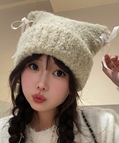 Nia(ニア)/レースアップリボン 猫耳ビーニー スクエアニット帽