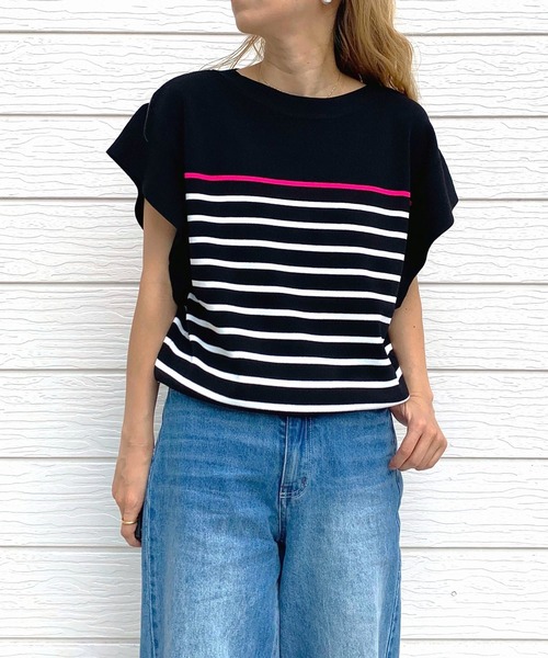 Q(キュー)の「フレンチスリーブパネルボーダーニット(ニット/セーター・レディース・ホワイト系/ブラック系・MEDIUM)」の2枚目の写真