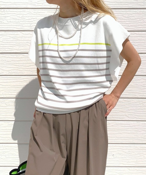 Q(キュー)の「フレンチスリーブパネルボーダーニット(ニット/セーター・レディース・ホワイト系/ブラック系・MEDIUM)」の3枚目の写真