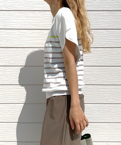 Q(キュー)の「フレンチスリーブパネルボーダーニット(ニット/セーター・レディース・ホワイト系/ブラック系・MEDIUM)」の5枚目の写真