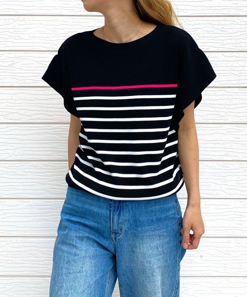 Q(キュー)の「フレンチスリーブパネルボーダーニット(ニット/セーター・レディース・ホワイト系/ブラック系・MEDIUM)」の7枚目の写真