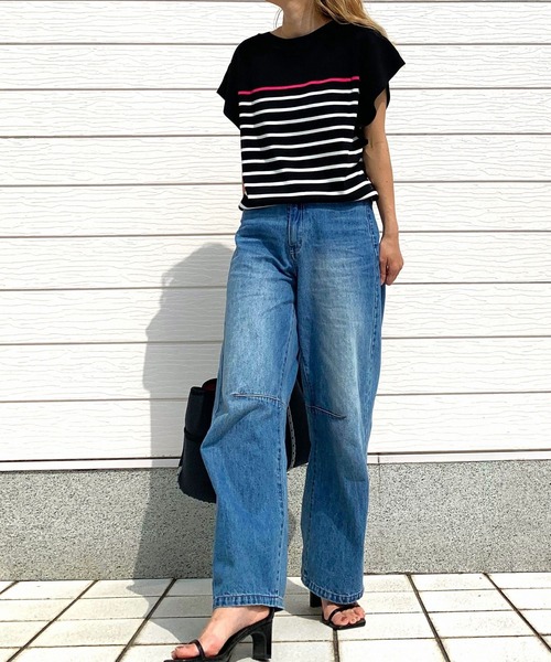 Q(キュー)の「フレンチスリーブパネルボーダーニット(ニット/セーター・レディース・ホワイト系/ブラック系・MEDIUM)」の12枚目の写真