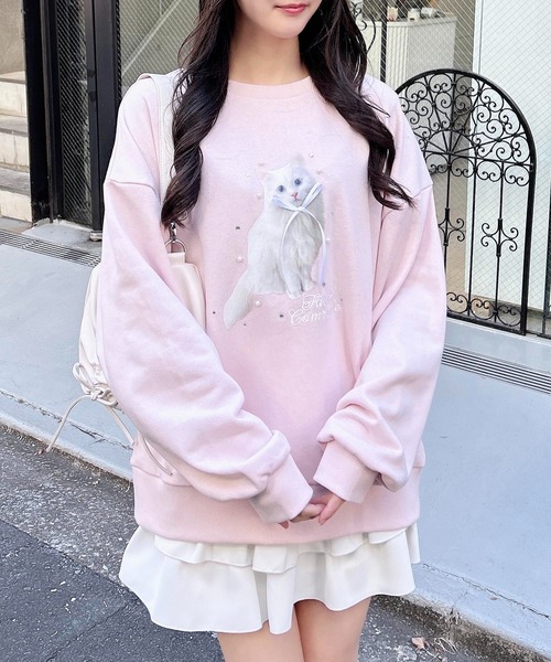 INGNI(イング)の「装飾リボン付ねこスウェットトップス(スウェット・レディース・オフホワイト/ライトピンク/オートミール・M)」の3枚目の写真