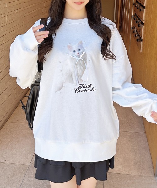 INGNI(イング)の「装飾リボン付ねこスウェットトップス(スウェット・レディース・オフホワイト/ライトピンク/オートミール・M)」の1枚目の写真