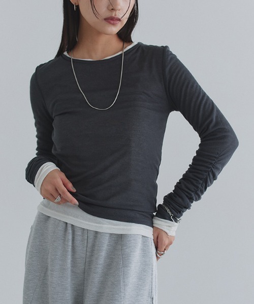 ECLAM(クラム)の「袖シャーリングシアーカットソー(Tシャツ/カットソー・レディース・ライトブルー/杢グレー/チャコール/アイボリー/ブラック・M)」の16枚目の写真