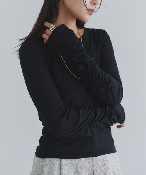 ECLAM(クラム)の「袖シャーリングシアーカットソー(Tシャツ/カットソー・レディース・ライトブルー/杢グレー/チャコール/アイボリー/ブラック・M)」の14枚目の写真