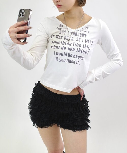 WHO'S WHO gallery(フーズフーギャラリー)の「メッセージVネックトップス(Tシャツ/カットソー・レディース・グレー/ブラック/ピンク/ホワイト・FREE)」の9枚目の写真