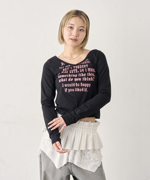 WHO'S WHO gallery(フーズフーギャラリー)の「メッセージVネックトップス(Tシャツ/カットソー・レディース・グレー/ブラック/ピンク/ホワイト・FREE)」の14枚目の写真