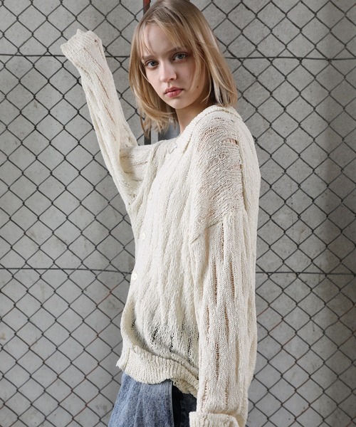 ルーズシルエットダメージニットポロカーディガン（カーディガン