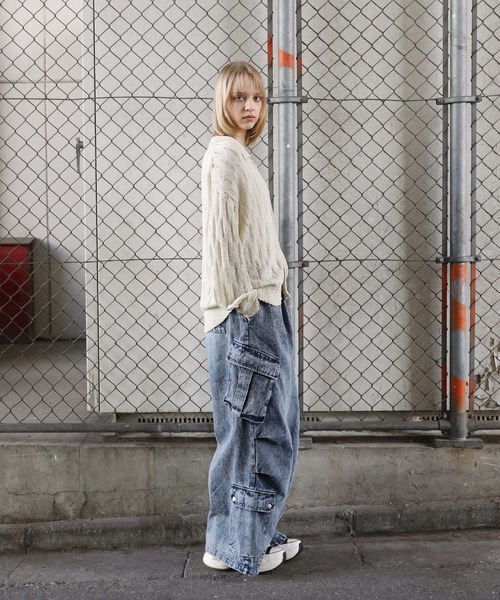 ROCHEM（ローシェン）の「ルーズシルエットダメージニットポロカーディガン（カーディガン/ボレロ・メンズ・チャコール/ホワイト/ブラック・XS/S/M/L）」の17枚目の写真