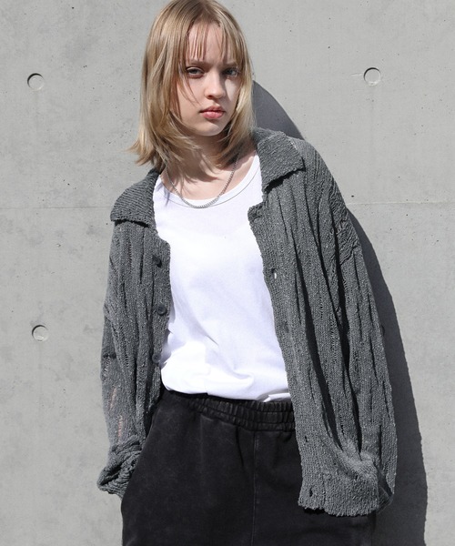 ルーズシルエットダメージニットポロカーディガン（カーディガン
