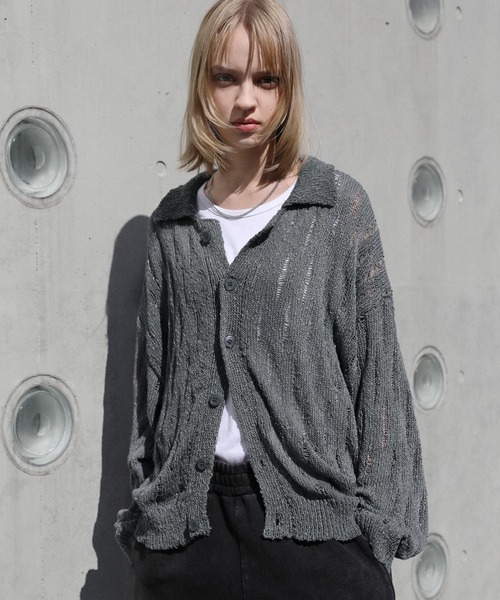 ルーズシルエットダメージニットポロカーディガン（カーディガン