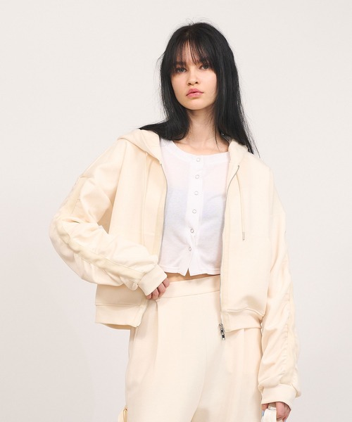 パーカー 「Nora Lily」「elle」Line Gathering Sleeve Short Full zip Parka レディース セール】【Nora Lily】「elle」Line Gathering Sleeve Short