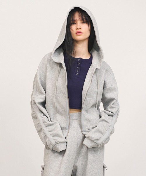 パーカー 「Nora Lily」「elle」Line Gathering Sleeve Short Full zip Parka レディース セール】【Nora Lily】「elle」Line Gathering Sleeve Short