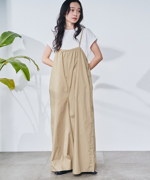 coen(コーエン)の「【セットアイテム】フレンチスリーブ Tシャツ&ギャザーサロペット セット(サロペット/オーバーオール・レディース・ブラック/オリーブ/ネイビー/ベージュ・M/L)」の1枚目の写真