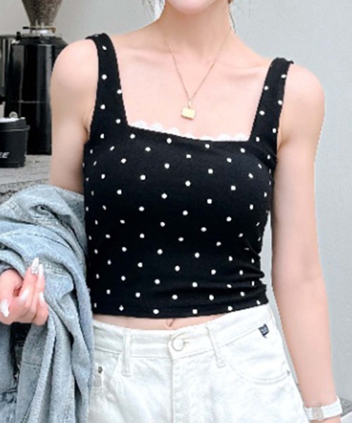 aimoha（アイモハ）の「ドット柄レース付きタンクトップ（タンクトップ・レディース・ホワイト/ブラック/グレー・FREE）」の2枚目の写真