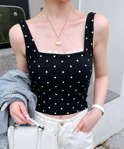 aimoha（アイモハ）の「ドット柄レース付きタンクトップ（タンクトップ・レディース・ホワイト/ブラック/グレー・FREE）」の6枚目の写真