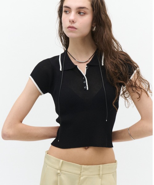 Lutim by u(ルチバイユー)の「Sherbet Touch Polo Collar Random Rib Tops / シャーベットタッチポロ襟ランダムリブトップス(Tシャツ/カットソー・レディース・チャコールグレー/アイボリー/ブラウン/レッド/ブラック/モカ/ミント/ナチュラル/ブラック×ホワイト・FREE)」の3枚目の写真
