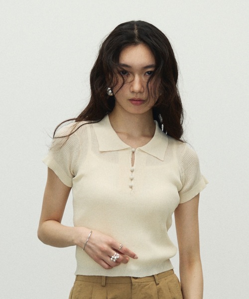 セール】Sherbet Touch Polo Collar Random Rib Tops