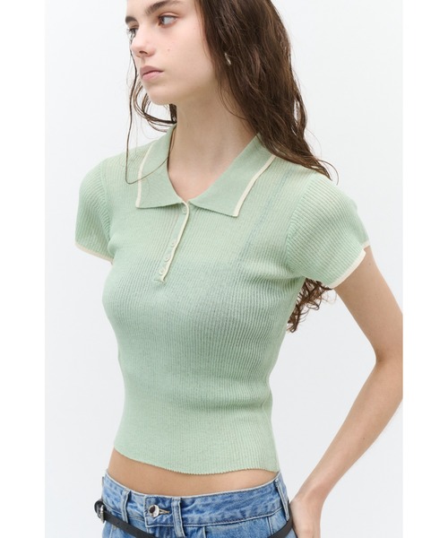 Lutim by u(ルチバイユー)の「Sherbet Touch Polo Collar Random Rib Tops / シャーベットタッチポロ襟ランダムリブトップス(Tシャツ/カットソー・レディース・チャコールグレー/アイボリー/ブラウン/レッド/ブラック/モカ/ミント/ナチュラル/ブラック×ホワイト・FREE)」の8枚目の写真