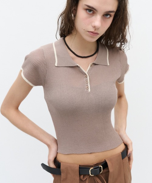 Lutim by u(ルチバイユー)の「Sherbet Touch Polo Collar Random Rib Tops / シャーベットタッチポロ襟ランダムリブトップス(Tシャツ/カットソー・レディース・チャコールグレー/アイボリー/ブラウン/レッド/ブラック/モカ/ミント/ナチュラル/ブラック×ホワイト・FREE)」の6枚目の写真