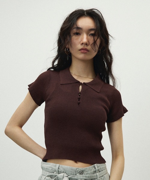 Sherbet Touch Polo Collar Random Rib Tops / シャーベット