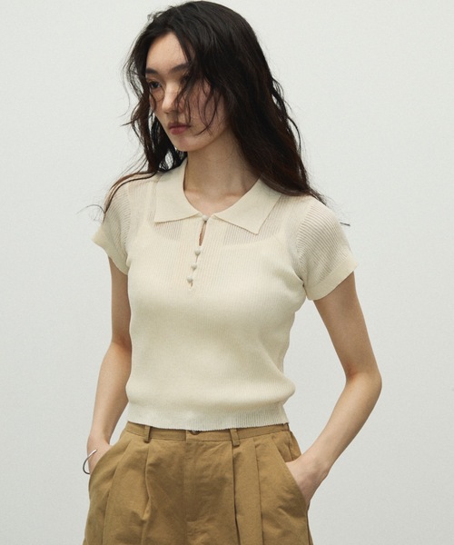 Lutim by u(ルチバイユー)の「Sherbet Touch Polo Collar Random Rib Tops / シャーベットタッチポロ襟ランダムリブトップス(Tシャツ/カットソー・レディース・チャコールグレー/アイボリー/ブラウン/レッド/ブラック/モカ/ミント/ナチュラル/ブラック×ホワイト・FREE)」の16枚目の写真