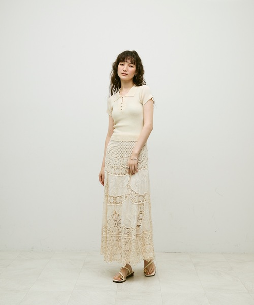 Lutim by u(ルチバイユー)の「Sherbet Touch Polo Collar Random Rib Tops / シャーベットタッチポロ襟ランダムリブトップス(Tシャツ/カットソー・レディース・チャコールグレー/アイボリー/ブラウン/レッド/ブラック/モカ/ミント/ナチュラル/ブラック×ホワイト・FREE)」の14枚目の写真