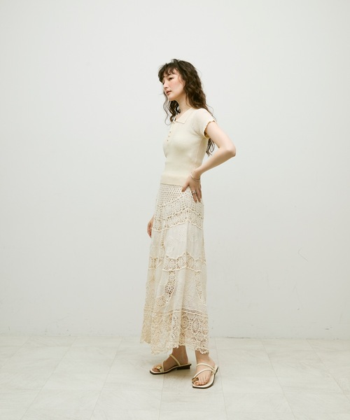 Lutim by u(ルチバイユー)の「Sherbet Touch Polo Collar Random Rib Tops / シャーベットタッチポロ襟ランダムリブトップス(Tシャツ/カットソー・レディース・チャコールグレー/アイボリー/ブラウン/レッド/ブラック/モカ/ミント/ナチュラル/ブラック×ホワイト・FREE)」の15枚目の写真