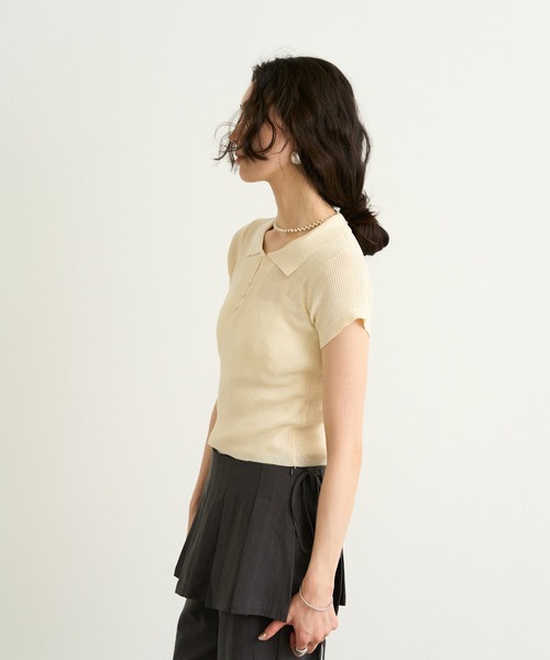 Lutim by u(ルチバイユー)の「Sherbet Touch Polo Collar Random Rib Tops / シャーベットタッチポロ襟ランダムリブトップス(Tシャツ/カットソー・レディース・チャコールグレー/アイボリー/ブラウン/レッド/ブラック/モカ/ミント/ナチュラル/ブラック×ホワイト・FREE)」の21枚目の写真
