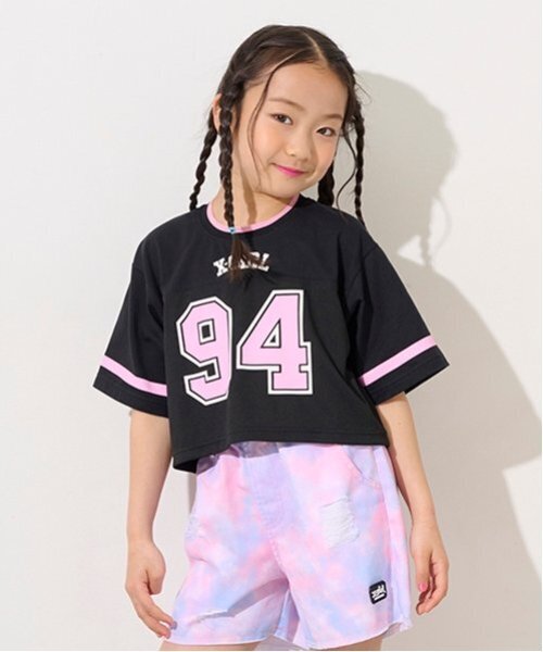 X-girl Stages（エックスガールステージス）の「ナンバリングメッシュ切替ショート半袖T（Tシャツ/カットソー・キッズ・ブラック/レモンイエロー/ブルー・110cm/120cm/130cm/140cm）」の2枚目の写真